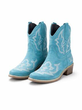Turquoise Western Cowboy Ankle Boots White Embroidery Size 40 Teal Cowgirl